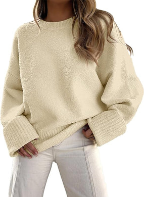 Comfy Beige Knit Fuzzy Oversized Long Sleeve Sweater
