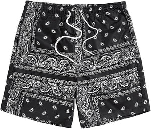 Men's Casual Drawstring Black/White Bandana Paisley Print Shorts