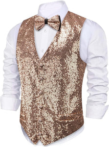 Men's Sequin Silver Formal Sleeveless Suit Vest w/Bowtie