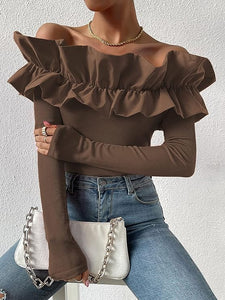 Couture Black Ruffled Off Shoulder Long Sleeve Top