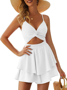 White Ruffle Sleeve Tie Front Shorts Romper