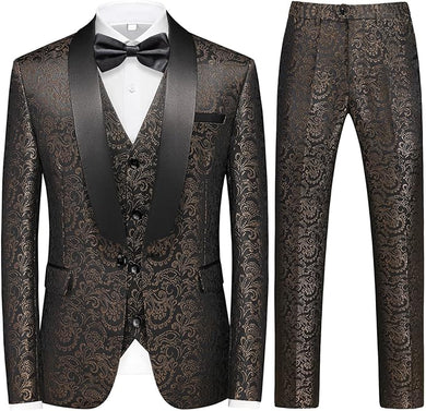 Men's Black/Bronze Tuxedo Shawl Collar Paisely 3pc Formal Suit