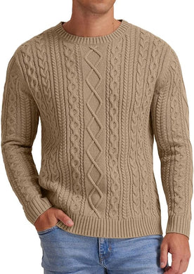 Men's Long Sleeve Khaki Cable Knit Casual Sweater