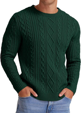 Men's Long Sleeve Dark Green Cable Knit Casual Sweater