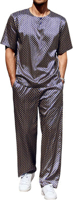 Men's Grey Satin Silk Short Sleeve Shirt & Pants Pajamas Set
