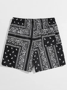 Men's Casual Drawstring Black/White Bandana Paisley Print Shorts