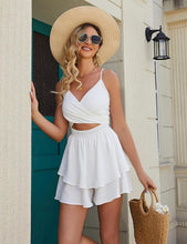 Load image into Gallery viewer, White Ruffle Sleeve Tie Front Shorts Romper