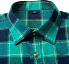 Load image into Gallery viewer, Men&#39;s Plaid Flannel Teal/Black Long Sleeve Button Down Casual Shirt