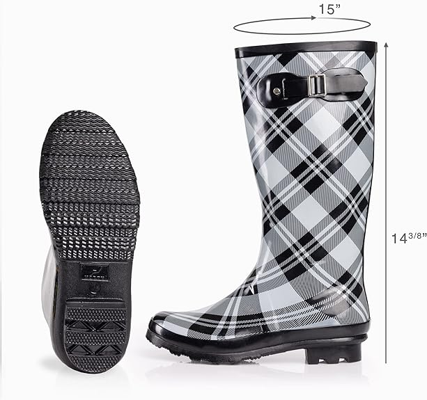 Black White Plaid Waterproof Rain Boots Water Shoes Bella Valentina