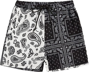 Men's Casual Drawstring Black Bandana Paisley Print Shorts