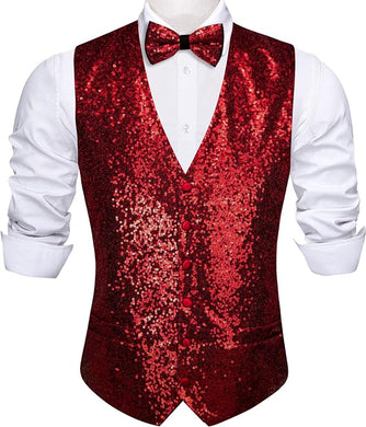 Men's Sequin Red Formal Sleeveless Suit Vest w/Bowtie