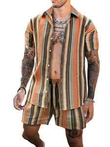 Men's Striped Orange Short Sleeve Shirt & Shorts Set