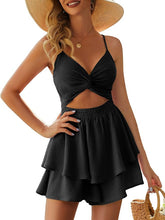 Load image into Gallery viewer, Black Ruffled Twist Layered Sleeveless Shorts Romper
