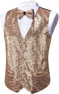 Men's Sequin Gold Formal Sleeveless Suit Vest w/Bowtie