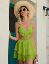 Load image into Gallery viewer, Lime Green Ruffled Twist Layered Sleeveless Shorts Romper