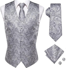Load image into Gallery viewer, Men&#39;s Black/Silver Paisley Sleeveless Formal Vest