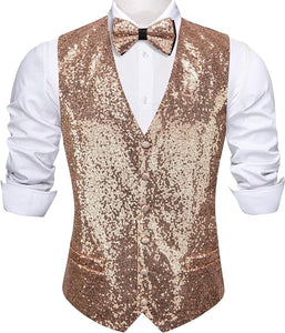 Men's Sequin Gold Formal Sleeveless Suit Vest w/Bowtie