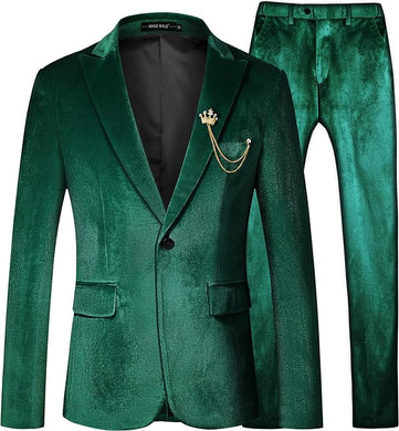 Men's Emerald Green Structured Velvet Long Sleeve Blazer & Pants Suit