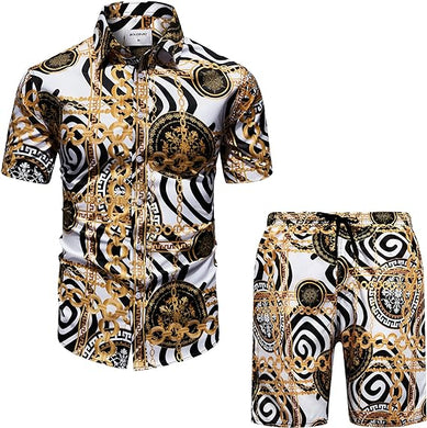 Men's Luxury Black Gold White Short Sleeve Shirt & Shorts Set