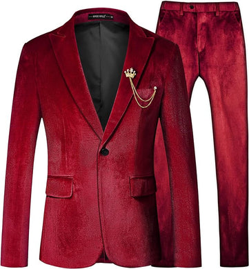 Men's Red Structured Velvet Long Sleeve Blazer & Pants Suit