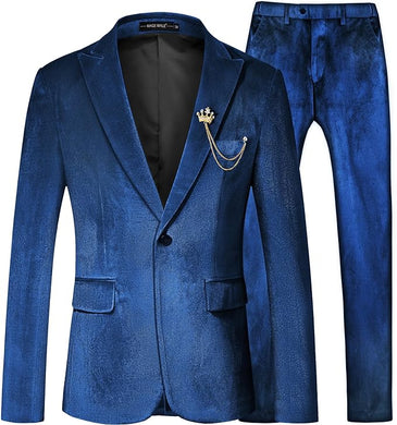 Men's Navy Blue Structured Velvet Long Sleeve Blazer & Pants Suit