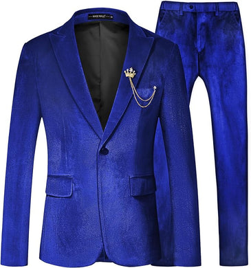 Men's Royal Blue Structured Velvet Long Sleeve Blazer & Pants Suit