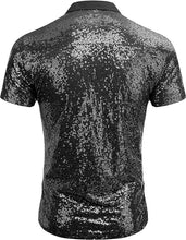 Load image into Gallery viewer, Men&#39;s Black Sequin Polo Style Short Sleeve Shirt