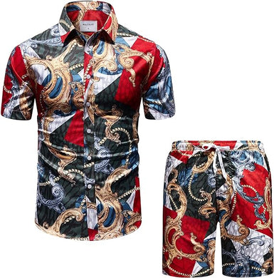 Men's Luxury Printed Red Baroque Short Sleeve Shirt & Shorts Set