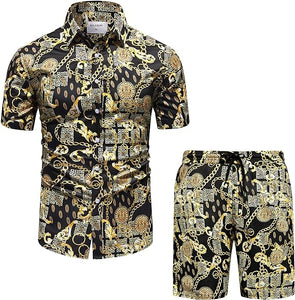 Men's Luxury Black Gold Floral Short Sleeve Shirt & Shorts Set
