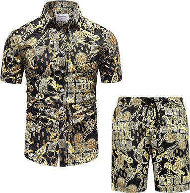Men's Luxury Black Gold Chain Short Sleeve Shirt & Shorts Set