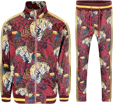 Men's Red Tiger Floral Long Sleeve Full Zip Hoodie Jogging Sweatsuit/Tracksuit