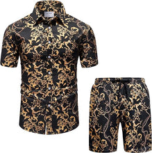 Load image into Gallery viewer, Men&#39;s Luxury Black Gold Chain Short Sleeve Shirt &amp; Shorts Set