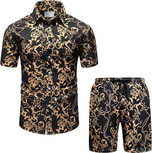 Men's Luxury Black Gold White Short Sleeve Shirt & Shorts Set
