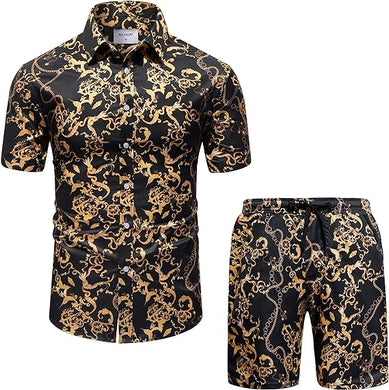 Men's Luxury Black Gold Floral Short Sleeve Shirt & Shorts Set