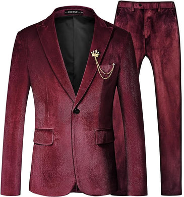 Men's Burgundy Red Structured Velvet Long Sleeve Blazer & Pants Suit