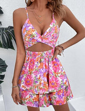 Load image into Gallery viewer, Ruffled Cut Out Pink Floral Sleeveless Shorts Romper