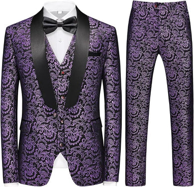 Men's Black/Purple Tuxedo Shawl Collar Paisely 3pc Formal Suit