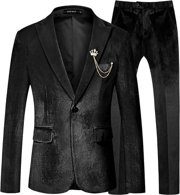 Men's Black Structured Velvet Long Sleeve Blazer & Pants Suit