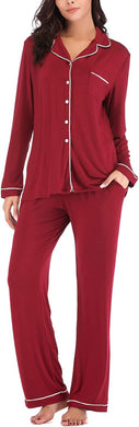 Winter Soft Button Down Red Long Sleeve Pajamas Top & Pants Set