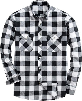 Men's Plaid Flannel White/Black Long Sleeve Button Down Casual Shirt