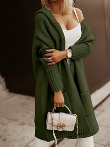 Winter Green Knit Hooded Long Sleeve Cardigan