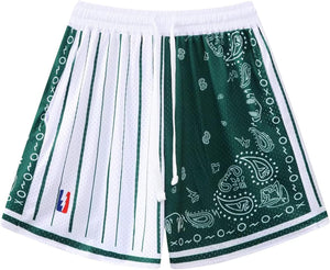 Men's Green/White Panel Basketball Athletic Elastic Shorts