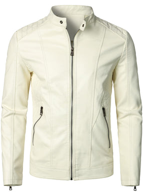 Men's Off White Leather Stand Collar Style Jacket