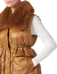 Faux Fur Trim Puffer Style Brown Sleeveless Cargo Pocket Vest Coat