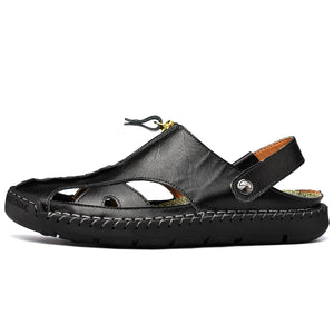 Men's Zipper Black Leather Outdoor Stylish Summer Sandals