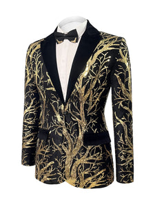Men's Black & Gold Sequin Floral Glitter Long Sleeve Blazer