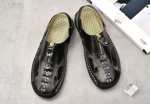 Men's Black Leather Zip Front Anti-Slip Outdoor Sandals