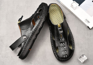 Men's Black Leather Zip Front Anti-Slip Outdoor Sandals