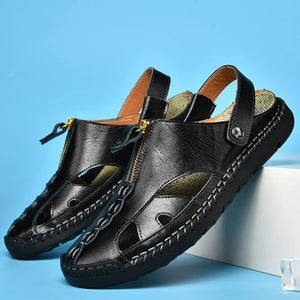 Men's Zipper Black Leather Outdoor Stylish Summer Sandals