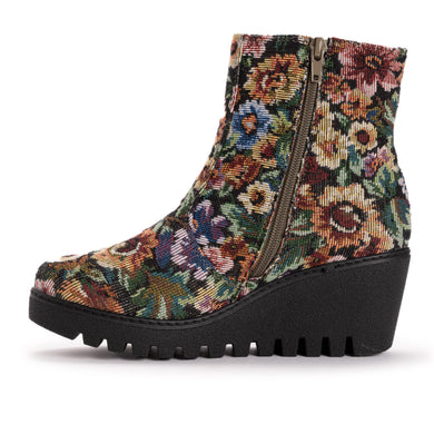Black Floral Winter Wedge Memory Foam Ankle Boots